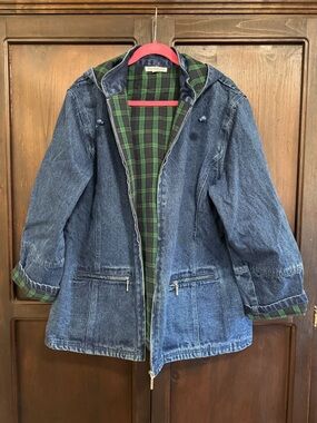 Vintage Denim Chore Coat Hooded Jacket with Green Plaid Lining Barn Coat